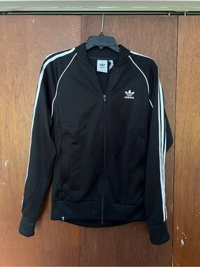 adidas Black Track-Style Zip Jacket with White Stripes